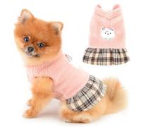 PAIDEFUL Cute Bear - Vestido de forro polar para niña pequeña, falda plisada a cuadros, trajes sin mangas con botones para cachorros, abrigo cálido para otoño e invierno, ropa para mascotas, ropa para