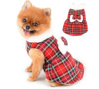 PAIDEFUL Vestido de Navidad de forro polar para perros pequeños, vestidos de princesa con lazo para perrito, abrigo de invierno suave y acogedor con anillo en D, trajes cálidos para mascotas, ropa de