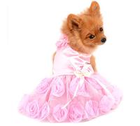 PAIDEFUL Vestido de Novia para Mascotas Ropa para Perros Pequeños Gatos Niñas Verano Lujo Falda Tutú de Encaje con Rosas Sedoso Vestido de Fiesta de Cumpleaños con Lazo Cachorros Chihuahua Ropa L