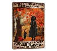 PAIION Letrero de bruja negra con diseño de gato Once Upon A Time There was A Girl Who Really Loved Cats Halloween Vintage Metal Signs Baño Dormitorio Decoración de pared Cueva de hombre 8 x 12
