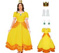 PAINEOMN Vestido de princesa para mujer, disfraz de princesa de Halloween, disfraz de corona, aretes, guantes para adulto, Princess Daisy, M