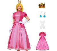 PAINEOMN Vestido de princesa para mujer, disfraz de princesa de Halloween, disfraz de corona, aretes, guantes para adulto, Melocotón, M