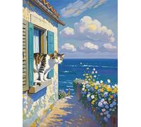Paint by Number for Adult,Flowers Coastal Cat DIY Oil Painting Kits on Canvas for Beginner,with Brushes and Acrylic Pigment,Paint by Numbers Arts and Crafts Kit for Home Decor Without Frame,40x50cm