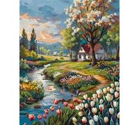 Paint by Number for Adult,Path Tulips House DIY Oil Painting Kits on Canvas for Beginner,with Brushes and Acrylic Pigment,Paint by Numbers Arts and Crafts Kit for Home Decor Without Frame,40x50cm