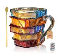 Painted Book Mug Novelty Coffee Mugs,3D Handcrafted Painted Book Mug,Novelty Stained Glass Stacked Books Coffee Cup with Spoon,Unique Design for Readers Librarians Literature Lovers(2pcs)
