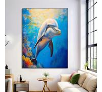 Painting Arte Mural En Lienzo De Azul Real, Coral Delfín Impresión En Lienzo, Impresiones Murales Pintura Al Óleo Del Océano, Cuadro Decorativo De Pared Para Dormitorio Salón, 70X100Cm
