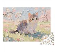 Painting Cat Spring 1000 Piezas Rompecabezas Adultos Gato Estilo Pastel Sentado en Campo de Flores Premium Robusto Vibrante Desafiante Alivio Estrés Juego Familiar Decoración 38x26cm/1000pcs