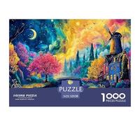 Painting of Old Village 1000 Pcs Ökopapier Puzzle Castle in Colorful Night Stressabbau Familienspiel Puzzles Als Geburtstagsgeschenke 52x38cm/1000pcs