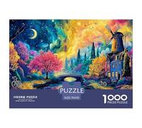 Painting of Old Village 1000 Pcs Stabiler Karton Puzzle Castle in Colorful Night Stressabbau Familienspiel Puzzles Als Wohnaccessoires 70x50cm/1000pcs
