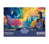 Painting of Old Village 1000 Stück Stabiler Karton Puzzle Castle in Colorful Night Lebendige Bilder Kreatives Spiel Puzzles Als Wohnaccessoires 38x26cm/1000pcs