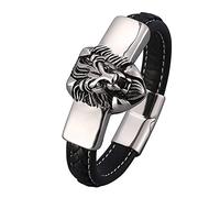 Pair of Bracelets, Bracelets, Lion's Head Men's Bracelets with Engraving Bracelet Stainless Steel with Magnetic Clasp, Length 18.5 cm Couple Gift, Faux, Without