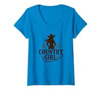 País Chica Vaquera Silueta Trigo OC Camiseta Cuello V, Mujer, Zafiro, S