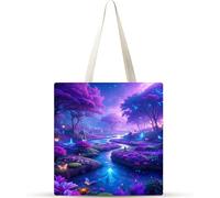 País de las maravillas púrpura Bolsa de Lona 38x34cm Tote Bag sin Cremallera,juego de 10 Canvas Tote Bags para Mujer,Bolsa de Compras Plegable,Bolso de Mano Lavable para Compras,Vida Cotidiana,Viajes