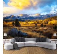 Paisaje al atardecer Flores sobre Fondo de amarillo, Papel Pintado Fotográfico - 300 x 210 cm, Seda Premium Mural Decorativo Campos y montañas para Dormitorio o Salón