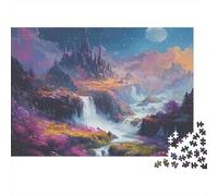 Paisaje Castillo Fantasía Duro Rompecabezas de Noche de Juego Familiar de 1000 Piezas Cascada Montaña Luna Fantasía Premium Resistente Desafiante Alivio del Estrés 38x26cm/1000pcs