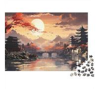 Paisaje Chino Antiguo, Rompecabezas de 1000 Piezas para Adultos, Pagoda, Atardecer, Lago, Premium Grueso Resistente, Vibrante, desafiante, Alivio del estrés, 38x26cm/1000pzas