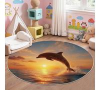 Paisaje costero alfombra redonda 80 cm azul delfín atardecer Salpicaduras Sala de estar Redondo de Dormitorio Lavable a máquina Alfombra Descenso de Cama Antiderante para Comedor Oficina de Cocina