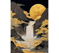 Paisaje de cascada dorada con luna llena, montaña y olas Póster en lienzo Impresión artística para pared en la sala de estar (30x45cm/sin marco)