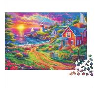 Paisaje de Faro y Cabañas Costeras Puzzle de 1000 Piezas para Adultos Papel Atardecer Colorido Relajante Enfoque Interacción Familiar Decoración Regalo 52x38cm/1000pcs
