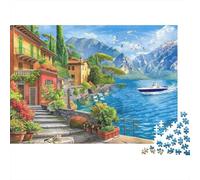 Paisaje de Pueblo Junto al Lago Puzzle de 1000 Piezas Papel para Adultos Barco en el Agua Juego de Puzzle 1000 Piezas Relajación Decoración Regalo 52x38cm/1000pcs