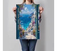 Paisaje De Una Isla Griega Imágenes De Lienzo Ventana Plantas En Macetas Arte De Pared Azul Sin Marco Cuadros Impresiones Arte De Pared Moderno Oficina Casa Sala De Estar Decoraciones 80X120Cm