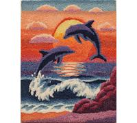 paisaje del atardecer Kit Alfombra Gancho de Pestillo,Dos delfines saltando del mar,Kit de Gancho de Pestillo para Adultos,Ganchillo DIY Manualidades Bordado a Mano,decoración del hogar,80x115cm