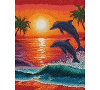 paisaje del atardecer Kit de alfombra con gancho de pestillo para adultos,Dos delfines saltando del mar,patrones preimpresos,alfombra,costura,hilos de ganchillo,decoración del hogar,60x90cm