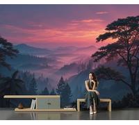 Paisaje Ensueño Con Amanecer En El Bosque Papel Pintado, 150 X 105 Cm Pared Papel Pintado, Fotografía Paisajes Naturales Decoración De Paredes Para Salón Dormitorio Pasillo Comedor, Rosa