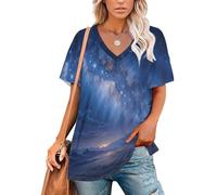 Paisaje Fantasía La Vía Láctea Camiseta De Manga Corta con Cuello En V para Mujer Camiseta Holgada Informal Mangas Cortas De Verano con Desierto Bajo El Cielo Estrellado (Azul Oscuro)