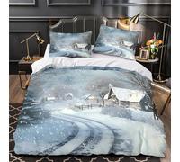 Paisaje invernal Funda de Edredón Impresión 3D Juego de 3 Piezas Cierre de incluye Fundas de Almohada Transpirable Escena del pueblo navideño Funda Edredon for Ancianos Super king（260x220cm）