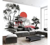 Paisaje Jardín Clásico Japonés Papel Pintado Impreso En 3D, 400 X 280 Cm Pared Papel Pintado, Estilo Pintura Con Tinta Decoración De Paredes Para Salón Dormitorio Pasillo Comedor, Blanco