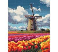 Paisaje Kit De Crochet Molinos De Viento Y Campos De Flores Kit De Costura De Crochet，Kits Clásico De Alfombras Con Aguja De Pestillo Para Adultos，Set De Manualidades 3D Para Decoración 21x29in
