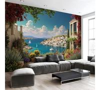Paisaje La Ciudad La Antigua Grecia Papel Pintado Impreso En 3D, 350 X 256 Cm Pared Papel Pintado, Estilo Mediterráneo Decoración De Paredes Para Salón Dormitorio Pasillo Comedor, Azul Cielo