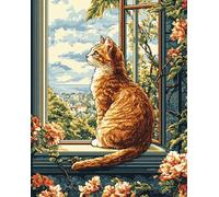 paisaje Latch Hook Rug Kit for Adults,Gato parado en el alféizar de la ventana,DIY Latch Hook Rug Kit with Preprinted Pattern Canvas,Needlework Crafts Rug for Home Decor,60x90cm