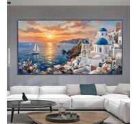 Paisaje marino al atardecer, cuadro de lienzo con cúpula azul mediterránea para decoración de sala de estar, dormitorio, comedor y pasillo (30x60cm)