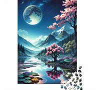 Paisaje Montaña Fantasía Luz de Luna Puzzle de 1000 Piezas Papel para Adultos Cerezo en Lago Escena Nocturna Juego de Puzzle 1000 Piezas Relajación Decoración Regalo Familiar 38x26cm/1000pcs