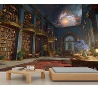 Paisaje mural de biblioteca grande con techo de galaxia, mural decorativo literario de fantasía opulenta, perfecto para pared de acordeón en estudio y biblioteca 100x100cm (No es autoadhesivo)