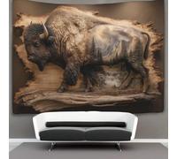 Paisaje nativo: Talla de madera de bisonte Tapisserie Murale À Suspendre, Arte de pintura al óleo Murales,Plaque De Pique-Nique Décoration Murale Plafond Art Mural 130cmx150cm