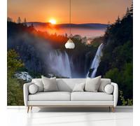 Paisaje Natural Amanecer Lagos Plitvice Croacia Papeles Pintados de Pared 300 x 210 cm Fotomurales, Color Naranja Tejido No Tejido Papel Tapiz Fotográfico, Para Salón Dormitorio Oficina Hotel Murales