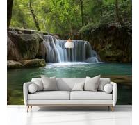 Paisaje Natural Bosque Cascada Arroyo Papeles Pintados de Pared 300 x 210 cm Fotomurales, Verde Tejido No Tejido Papel Tapiz Fotográfico, Para Salón Dormitorio Oficina Hotel Decorativos Murales