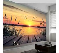 Paisaje Natural Puesta Sol Sobre El Lago Fotomurales no Tejido Color Naranja, 500 x 280 cm Papel Pintado Decoración de Pared moderna, Murales póster efecto 3D, Decorativos Murales para Salón TV Pared