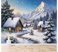 Paisaje Nevado De Un Pueblo Montaña Cabañas Madera Pinos Picos Montañosos Paisaje Invernal Papel Pintado 3D Seda Texturizada Primera Calidad Neutros Material Ideal Para SalóN Dormitorio-150cm×105cm