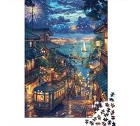 Paisaje Nocturno Pueblo Costero Puzzle de 1000 Piezas Puzzle para Adultos Papel Adulto Tranvía Nocturno Puzzle para Toda la Familia Relajante Regalo 38x26cm/1000pcs