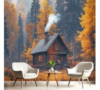 Paisaje Otoñal De Cabaña Forestal Papel Tapiz Fotográfico, Papel Pintado Pared Dormitori 300Anx210Al cm, Fotográfico Decorativo Pared 3D, Mural Tela de Seda Colorgul naranja, Antiestático