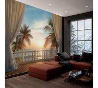 Paisaje Papel Pintado Mural de Pared 350 x 256 cm Decoración Moderna, Tropical Océano Amanecer Palmeras Diseño de Pared para Salón Dormitorio Oficina Pasillo Póster