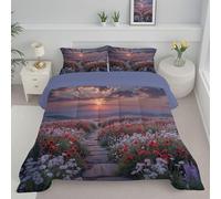 Paisaje Pastoral Juego De Edredón De Microfibra 140X200Cm para Cama con Relleno De Fibra 200Gr/M2 - Edredón Rojo Suave Cálido Ligero - Patrón De Campo De Amapolas