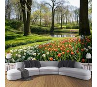 paisaje primaveral Flores sobre Fondo de verde, Papel Pintado Fotográfico - 450 x 356 cm, Seda Premium Mural Decorativo tulipanes y narcisos para Dormitorio o Salón