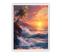 Paisaje tropical de atardecer marino Arte mural de lienzo de palmera Estampados de pósteres de palmeras Olas del mar Lienzo rosa del cielo Imagen para salón Dormitorio Oficina 45x60cm Sin marco