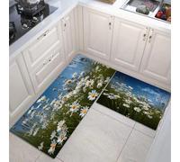 paisajes Naturales Prado de Margaritas Juego de alfombras de Cocina de 2 Piezas, alfombras y tapetes de Cocina Antideslizantes y Lavables 50x80+50x150cm Alfombra de Piso