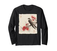 Pájaro de golondrina japonesa en rama de flores Vintage Birding Art Manga Larga